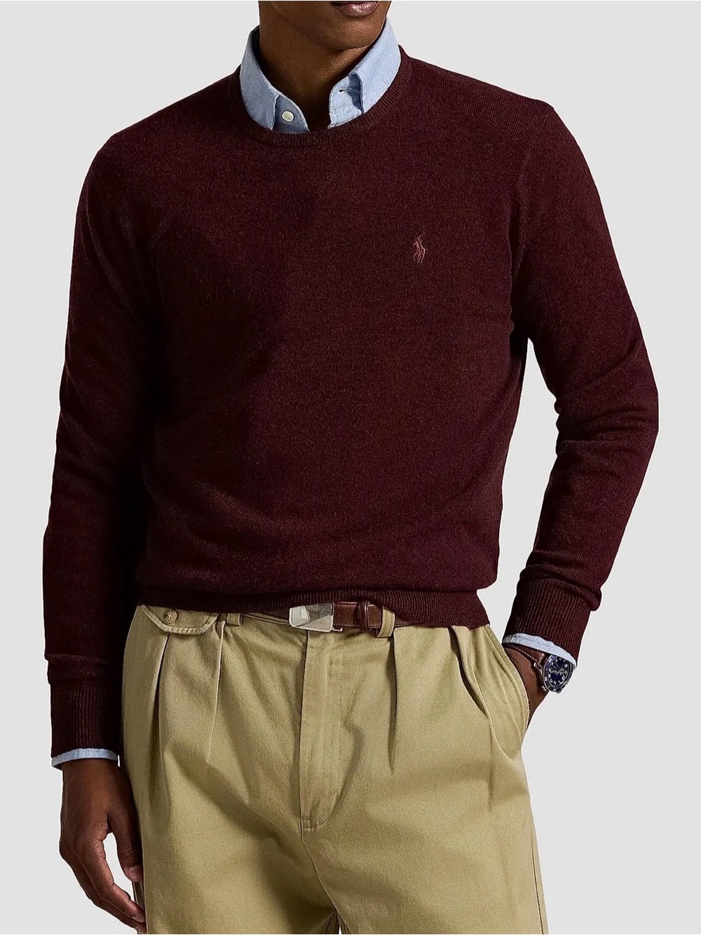Polo Ralph Lauren Men’s Burgundy Crewneck Logo-Embroidered Wool Sweater M